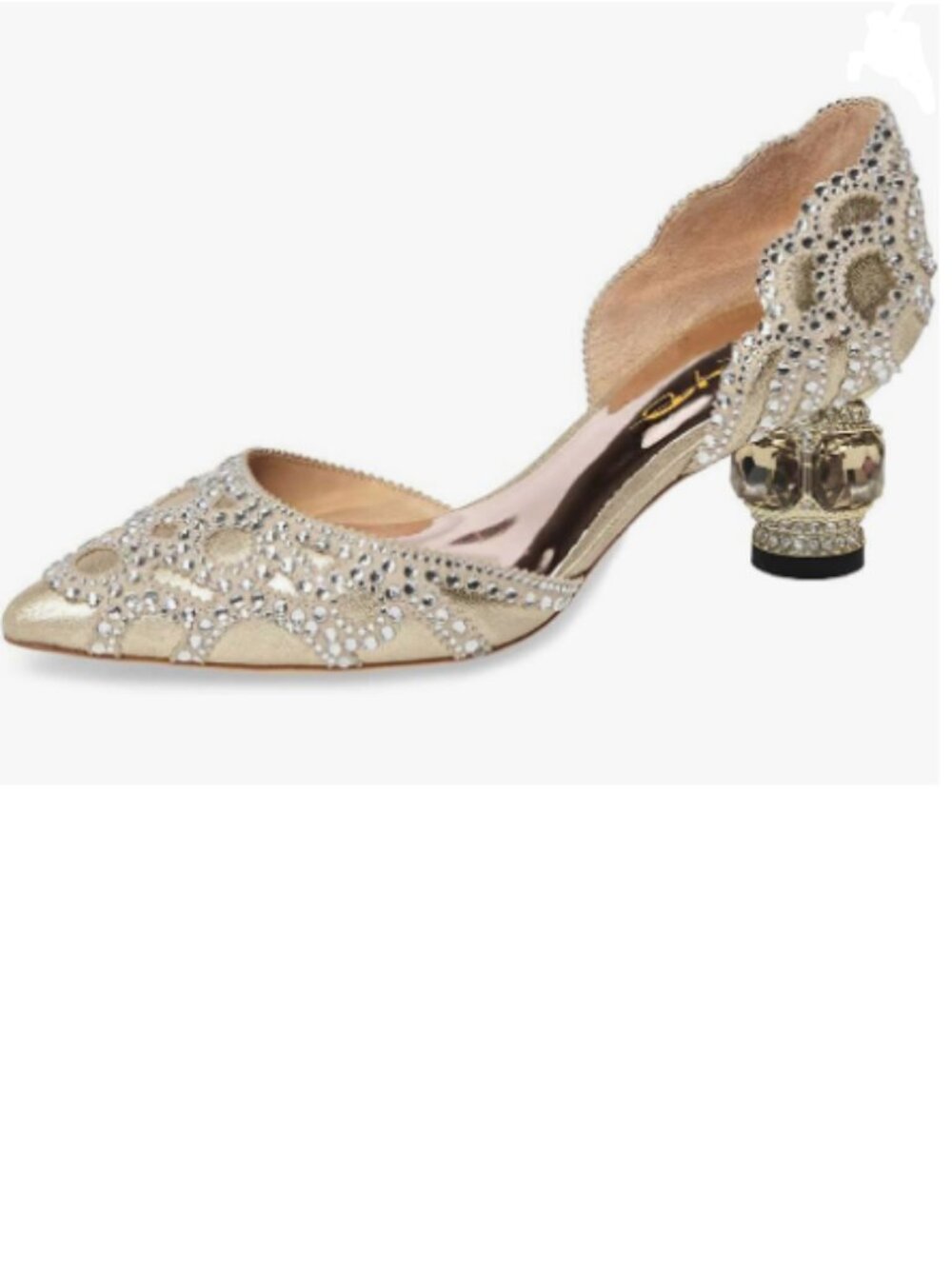 XYD Gold Pumps, Elegant Pointed Toe, D'Orsay Crystal Chunky Low Heels Studs Shoe